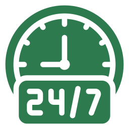 Green clock icon with "24/7" text below, symbolizing round-the-clock service or availability.