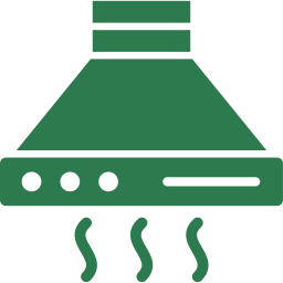 Green icon of a kitchen range hood with steam lines rising from below, symbolizing ventilation.