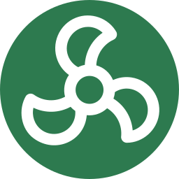 White fan icon with three blades inside a green circle, symbolizing ventilation or cooling.