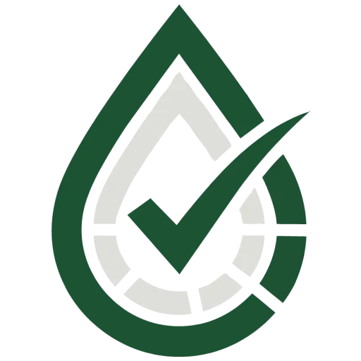 A green outline of a water droplet with a checkmark inside it on a transparent background.