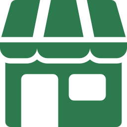 Green icon of a small shop with a striped awning and a window on a white background.