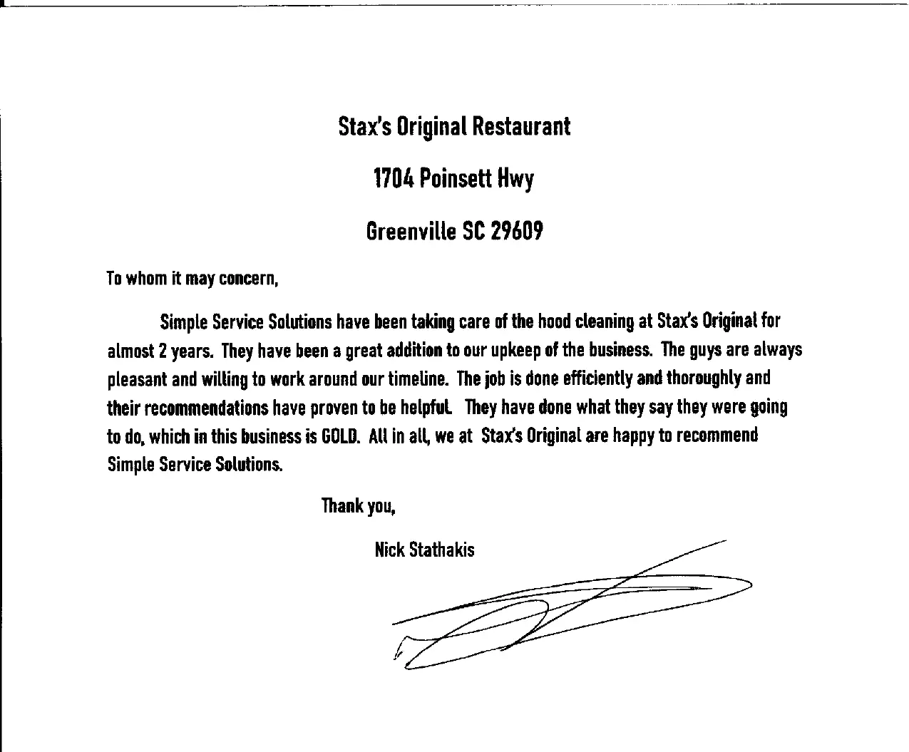 Stax Reference_1 A typed and signed business recommendation letter for Simple Service Solutions from Stax's Original Restaurant.